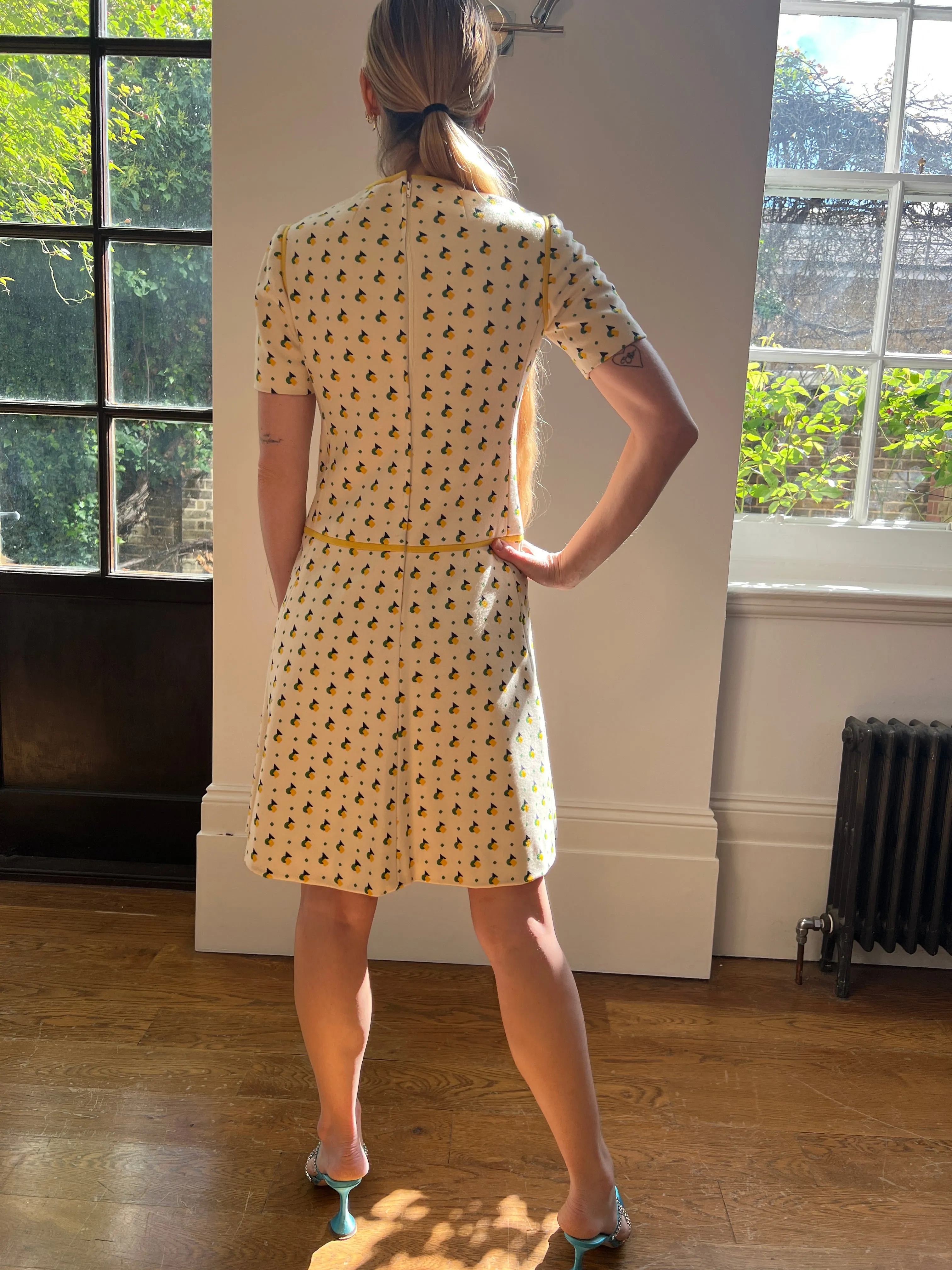 1973 Documented Christian Dior London Art Deco Print Wool Dress
