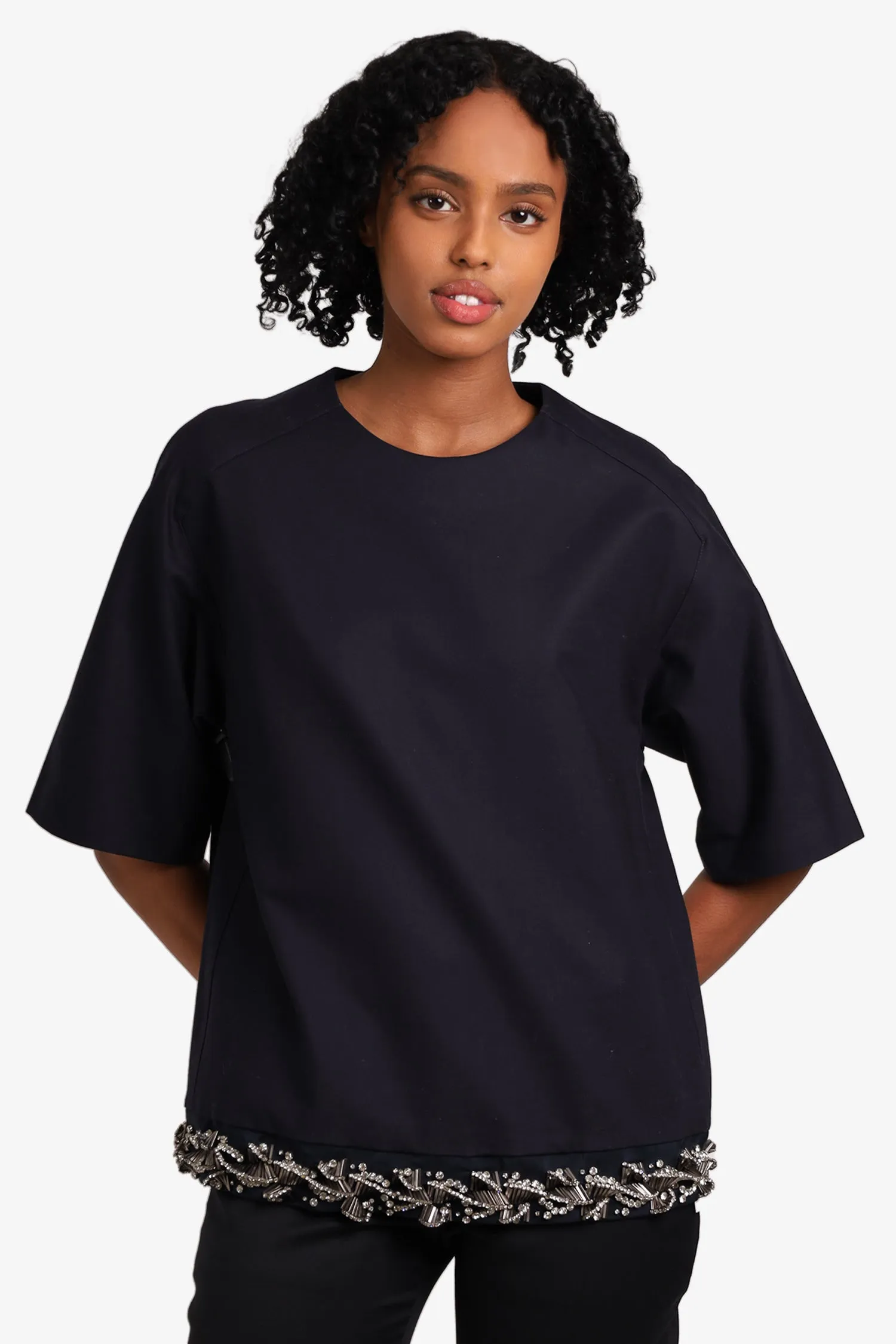 3.1 Phillip Lim Navy Cotton Blouse With Beaded Bottom Detail Size 4
