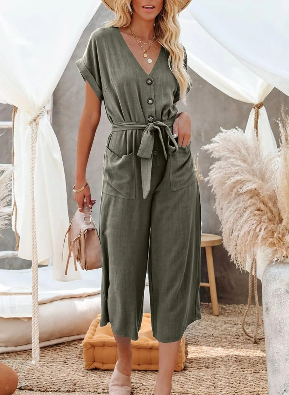 Acelitt Women Casual V Neck Short Sleeve Button Belted Wide Leg Jumpsuits,S-XXL