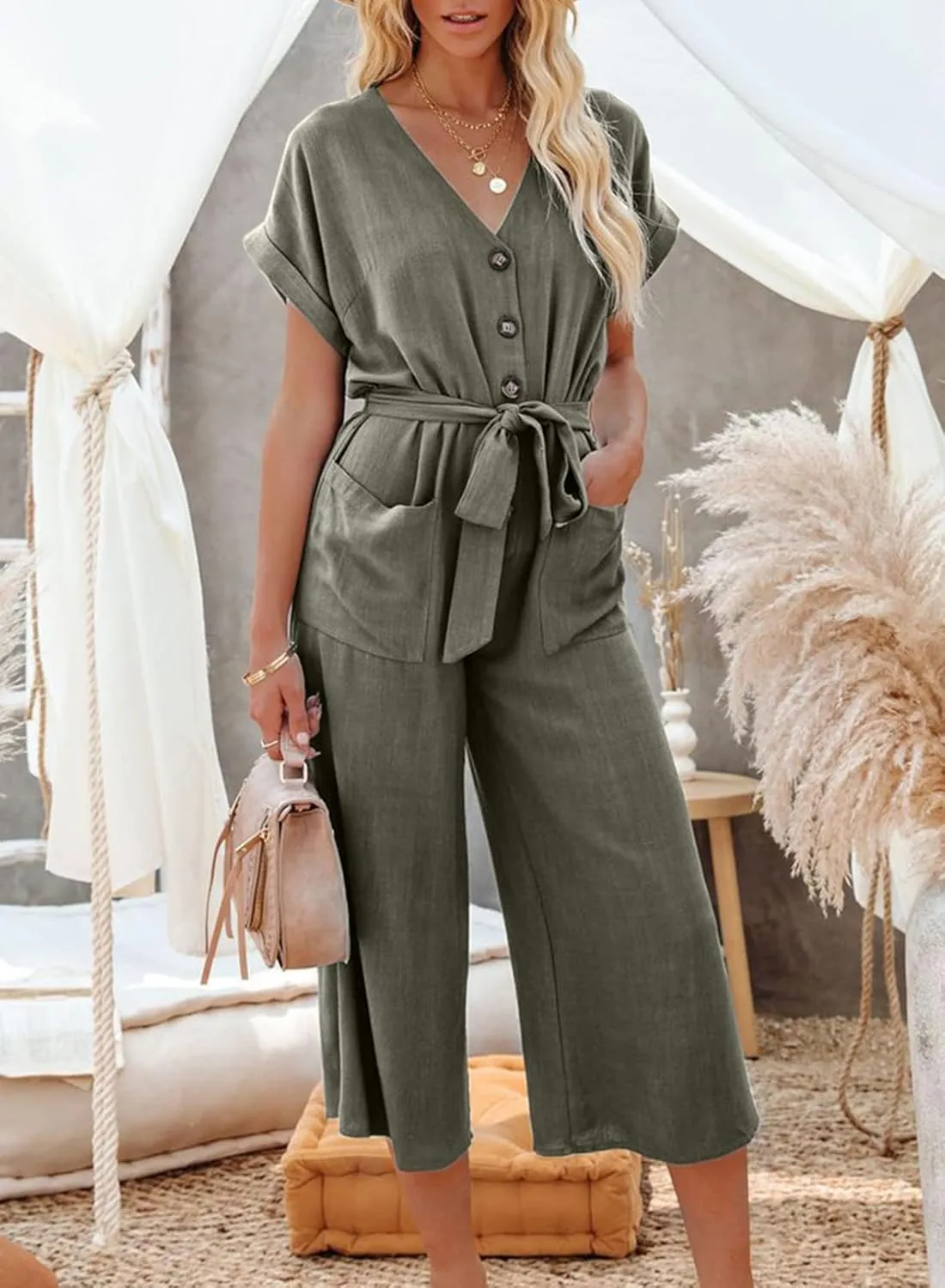 Acelitt Women Casual V Neck Short Sleeve Button Belted Wide Leg Jumpsuits,S-XXL