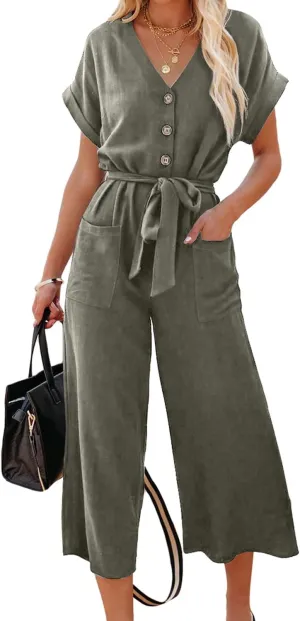 Acelitt Women Casual V Neck Short Sleeve Button Belted Wide Leg Jumpsuits,S-XXL