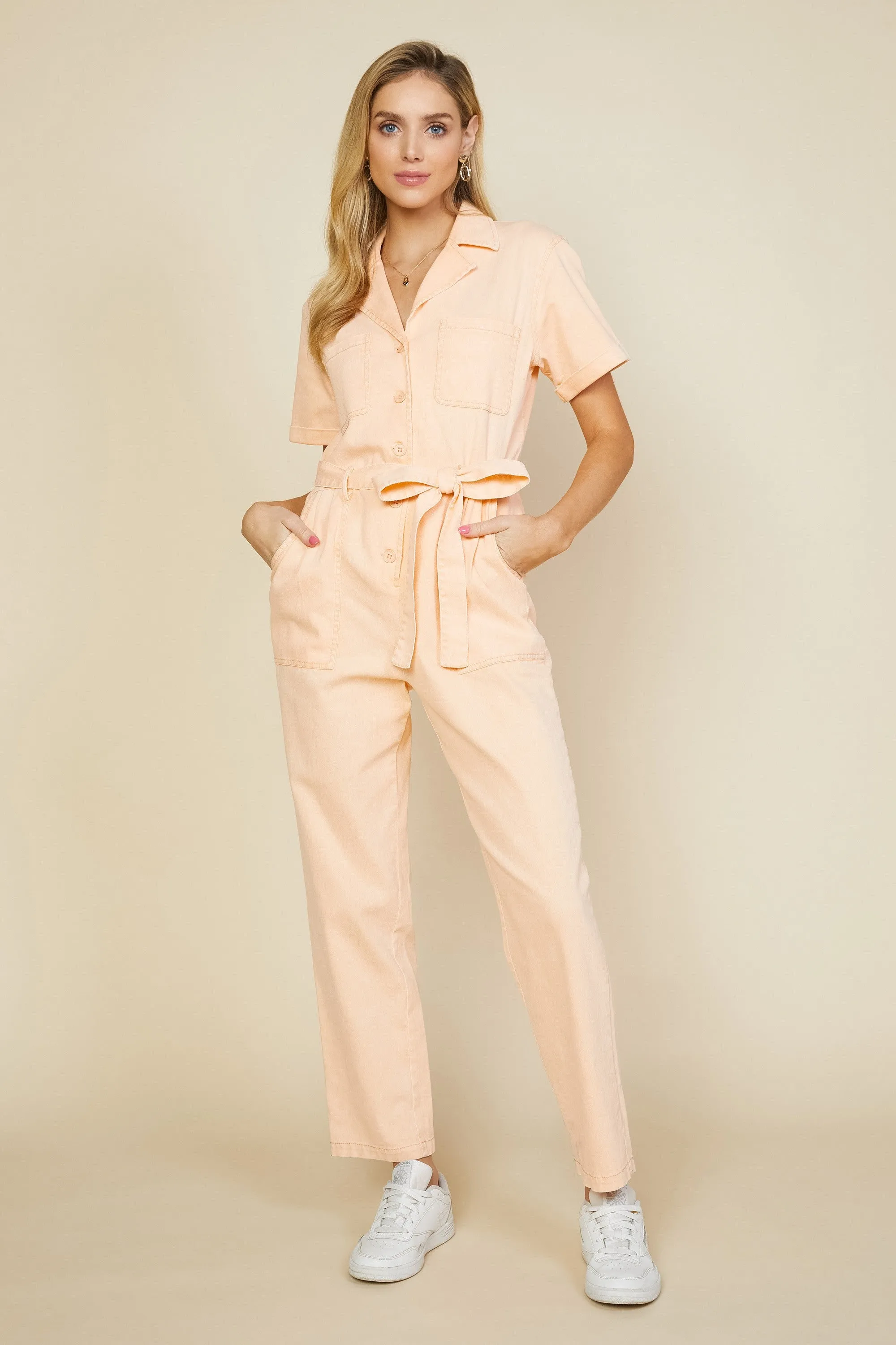 Apricot Short Sleeve Washed Utility Jumpsuit