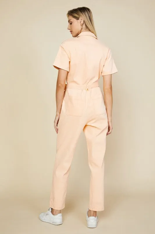 Apricot Short Sleeve Washed Utility Jumpsuit