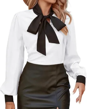 Avanova Women Tie Neck Bishop Long Sleeve Shirts Casual Work Blouses Tops