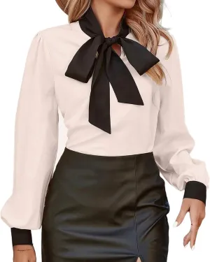 Avanova Women Tie Neck Bishop Long Sleeve Shirts Casual Work Blouses Tops