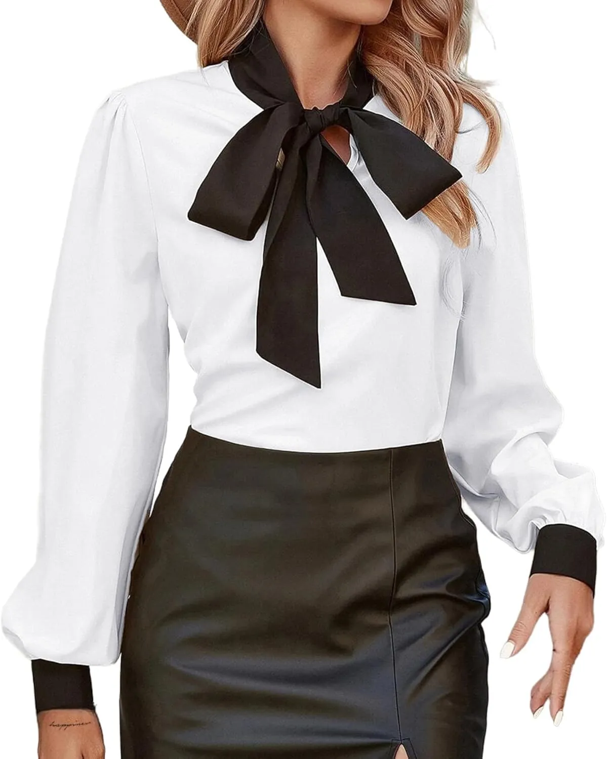 Avanova Women Tie Neck Bishop Long Sleeve Shirts Casual Work Blouses Tops