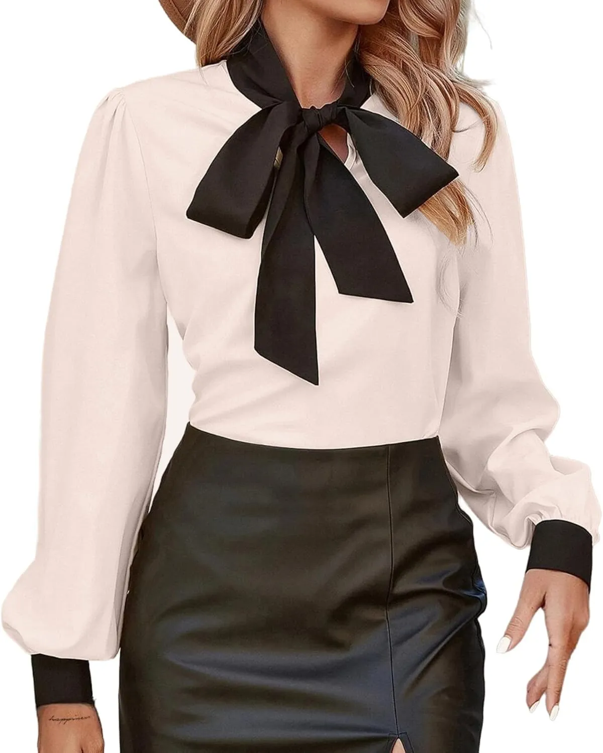 Avanova Women Tie Neck Bishop Long Sleeve Shirts Casual Work Blouses Tops