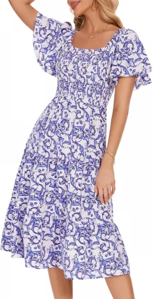 Bbonlinedress Womens Casual Floral Summer Smocked Beach Party Boho Midi Square Neck Dress