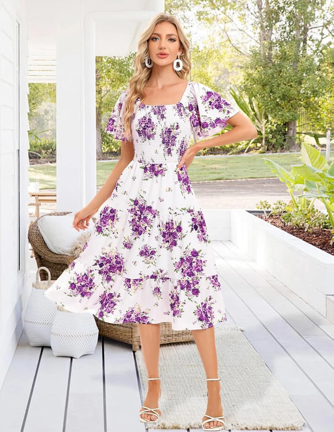 Bbonlinedress Womens Casual Floral Summer Smocked Beach Party Boho Midi Square Neck Dress