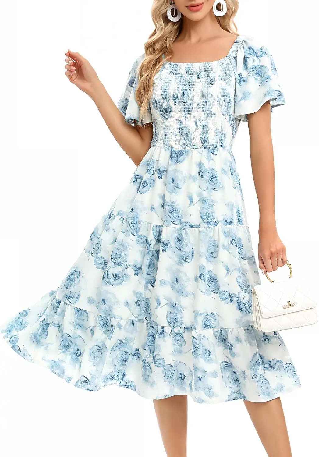 Bbonlinedress Womens Casual Floral Summer Smocked Beach Party Boho Midi Square Neck Dress