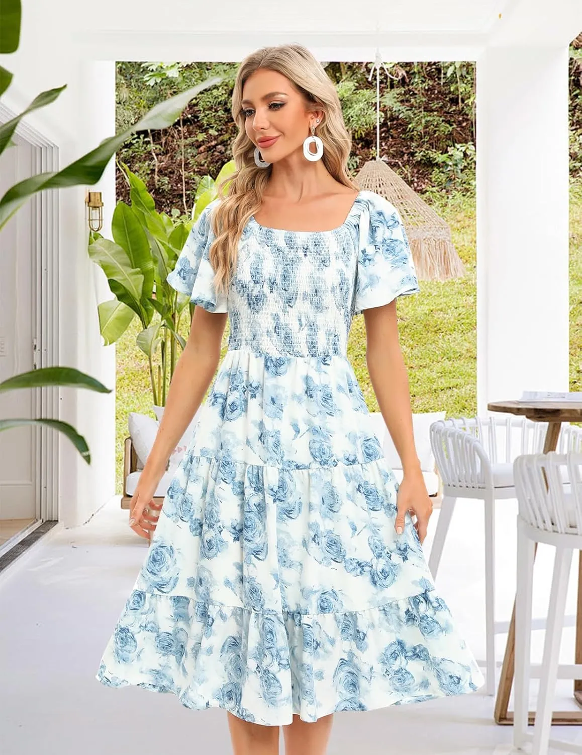 Bbonlinedress Womens Casual Floral Summer Smocked Beach Party Boho Midi Square Neck Dress