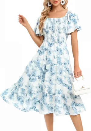 Bbonlinedress Womens Casual Floral Summer Smocked Beach Party Boho Midi Square Neck Dress