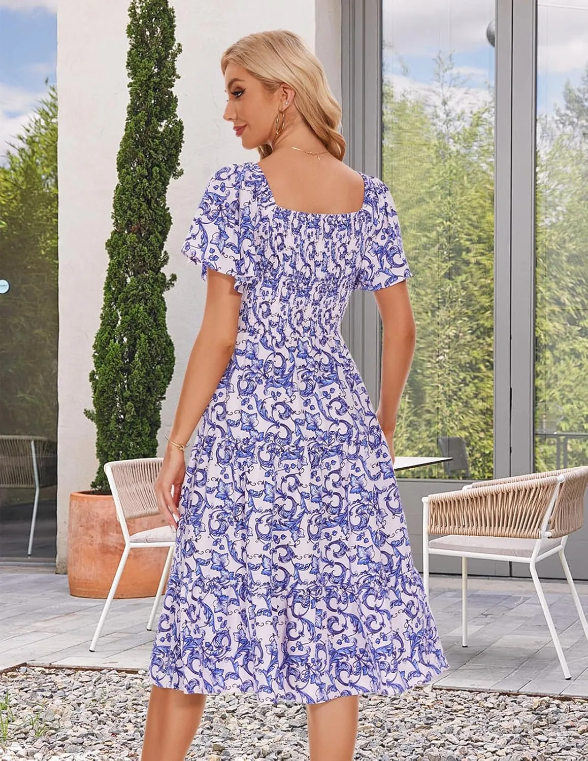Bbonlinedress Womens Casual Floral Summer Smocked Beach Party Boho Midi Square Neck Dress