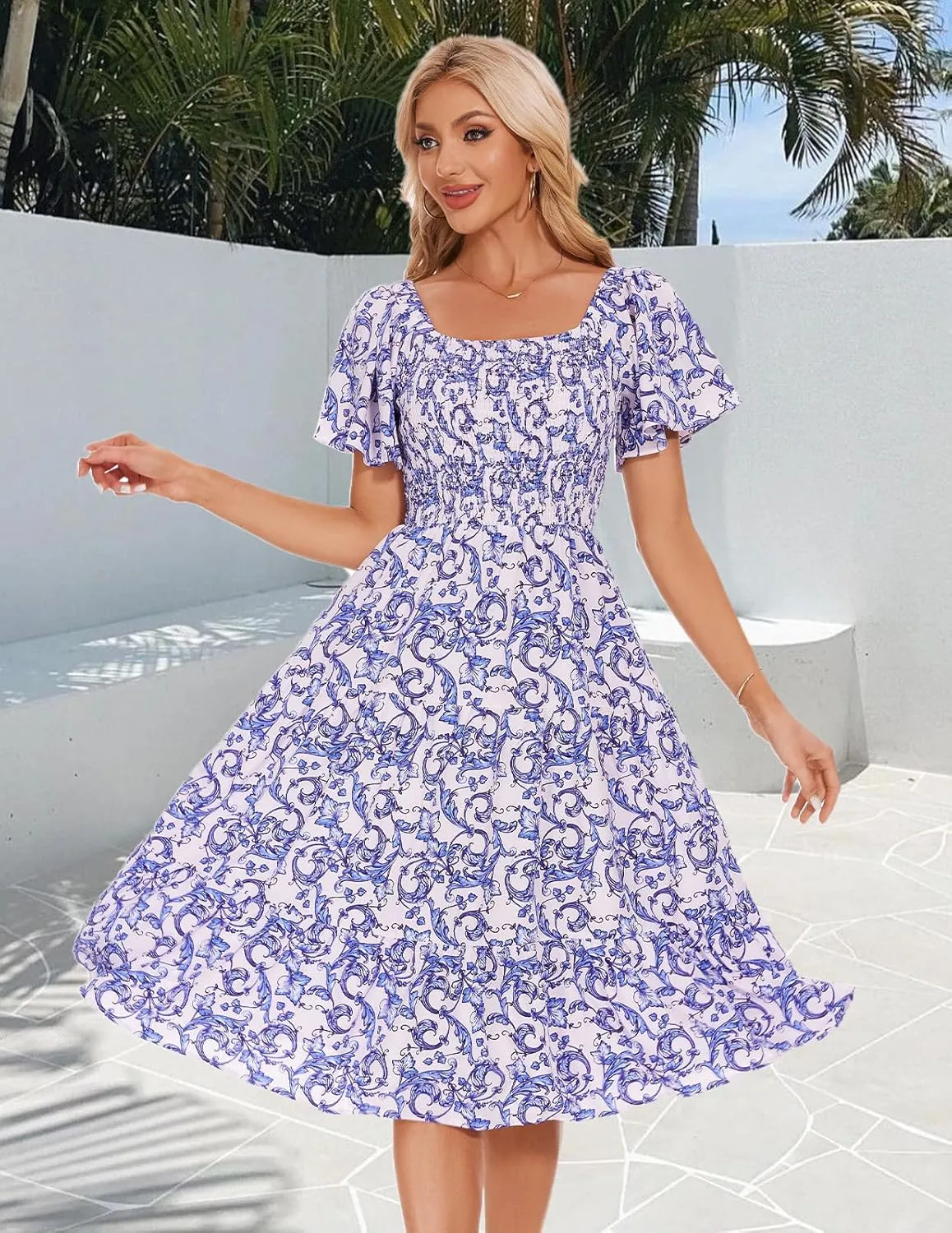 Bbonlinedress Womens Casual Floral Summer Smocked Beach Party Boho Midi Square Neck Dress