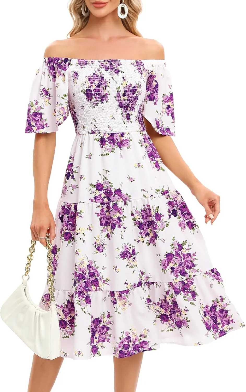 Bbonlinedress Womens Casual Floral Summer Smocked Beach Party Boho Midi Square Neck Dress