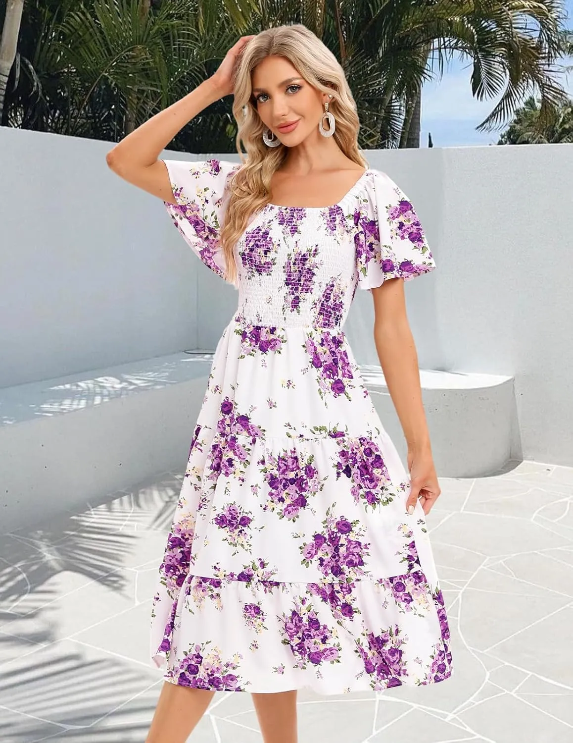 Bbonlinedress Womens Casual Floral Summer Smocked Beach Party Boho Midi Square Neck Dress