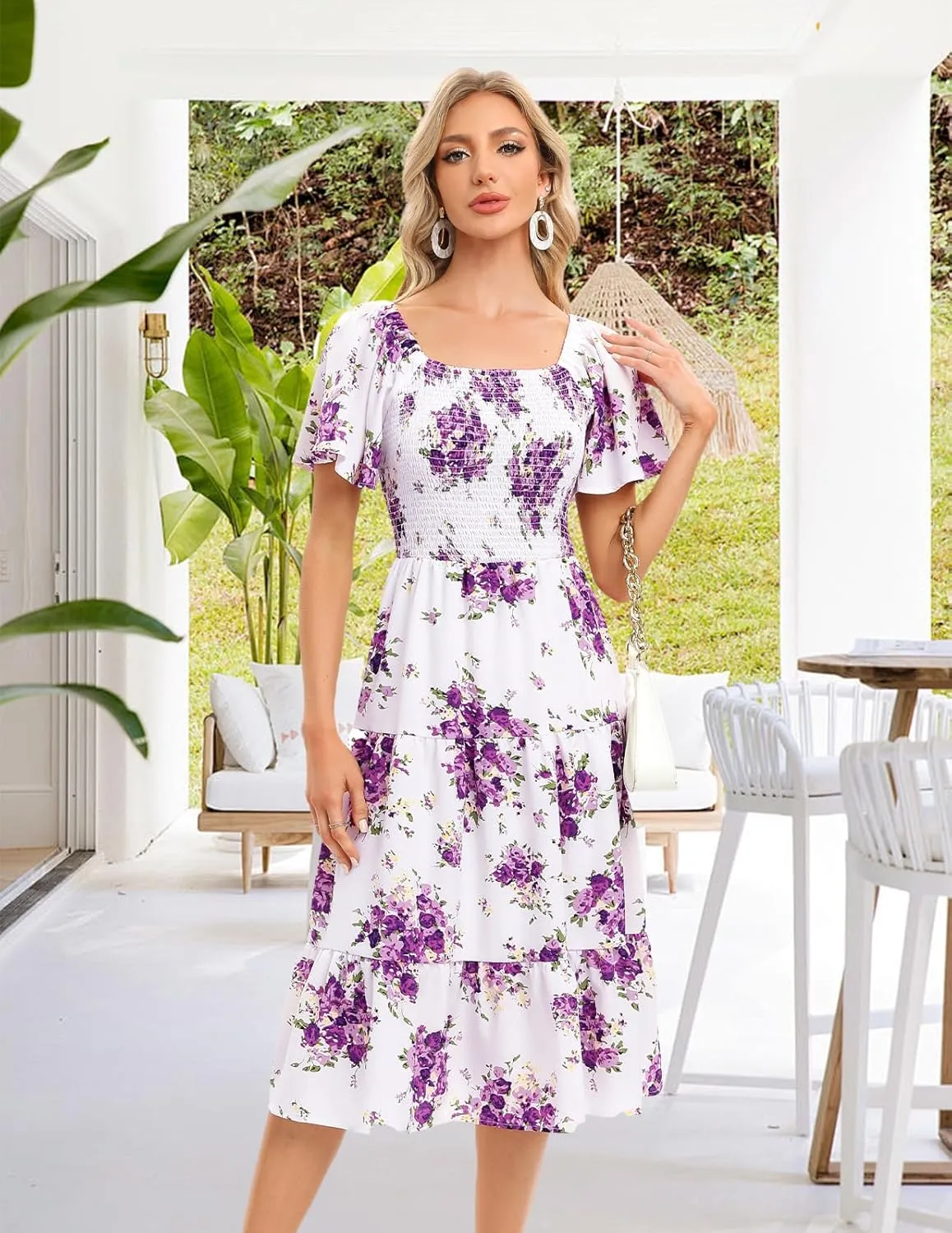 Bbonlinedress Womens Casual Floral Summer Smocked Beach Party Boho Midi Square Neck Dress