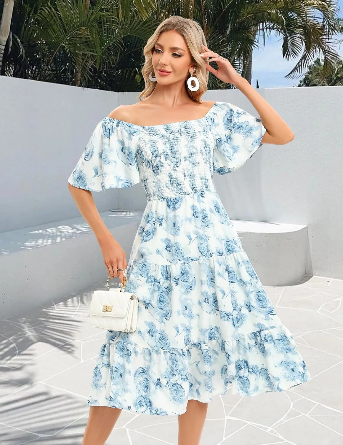 Bbonlinedress Womens Casual Floral Summer Smocked Beach Party Boho Midi Square Neck Dress