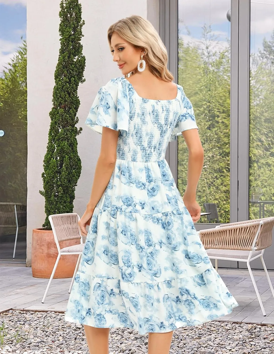 Bbonlinedress Womens Casual Floral Summer Smocked Beach Party Boho Midi Square Neck Dress