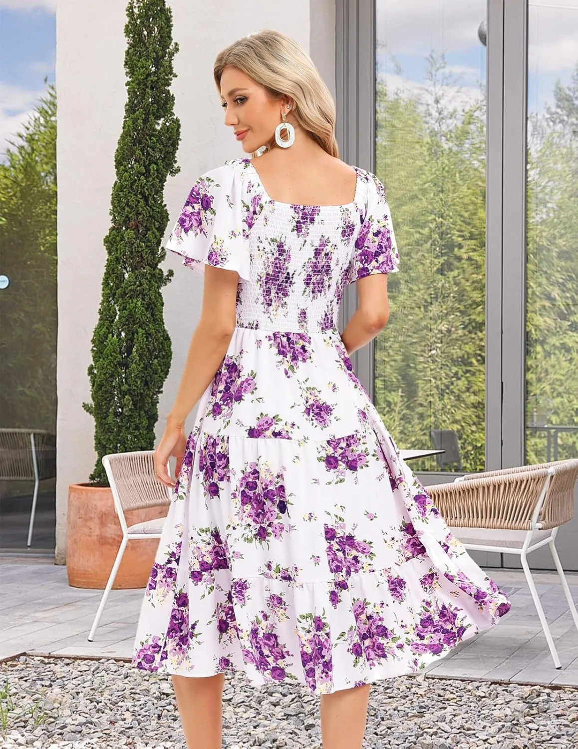 Bbonlinedress Womens Casual Floral Summer Smocked Beach Party Boho Midi Square Neck Dress