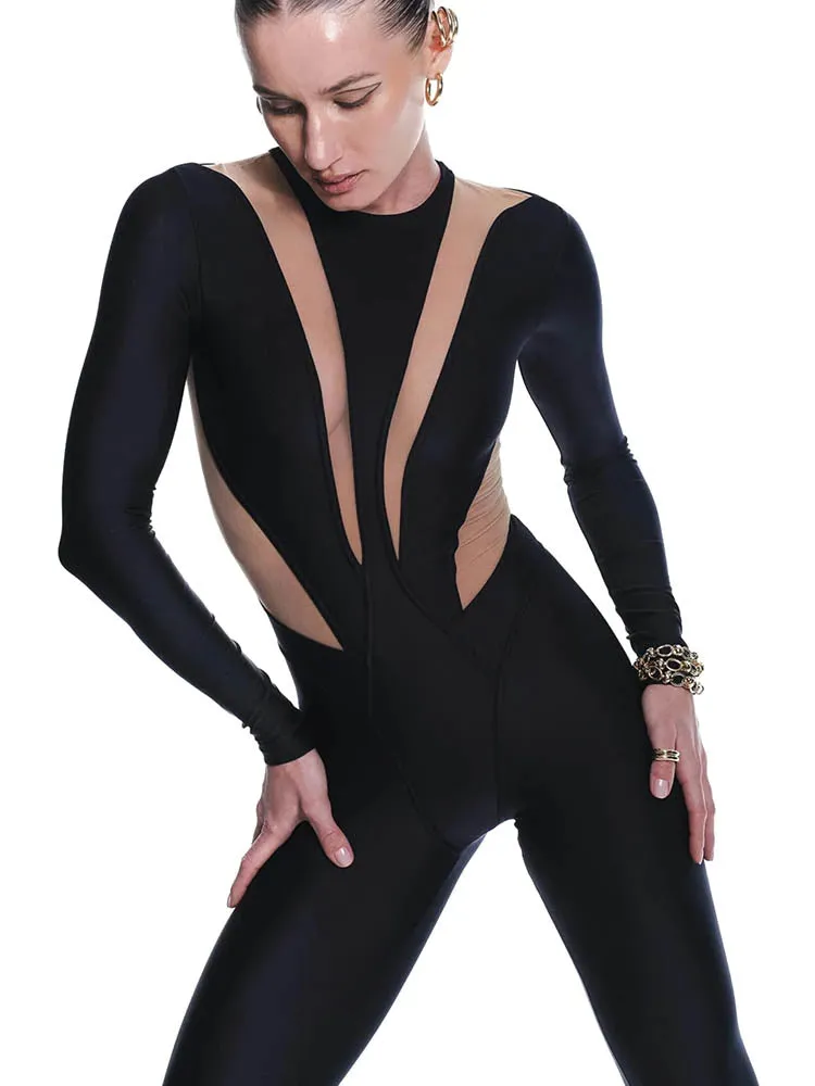 Black Mesh Bodyshaping One Piece Jumpsuit