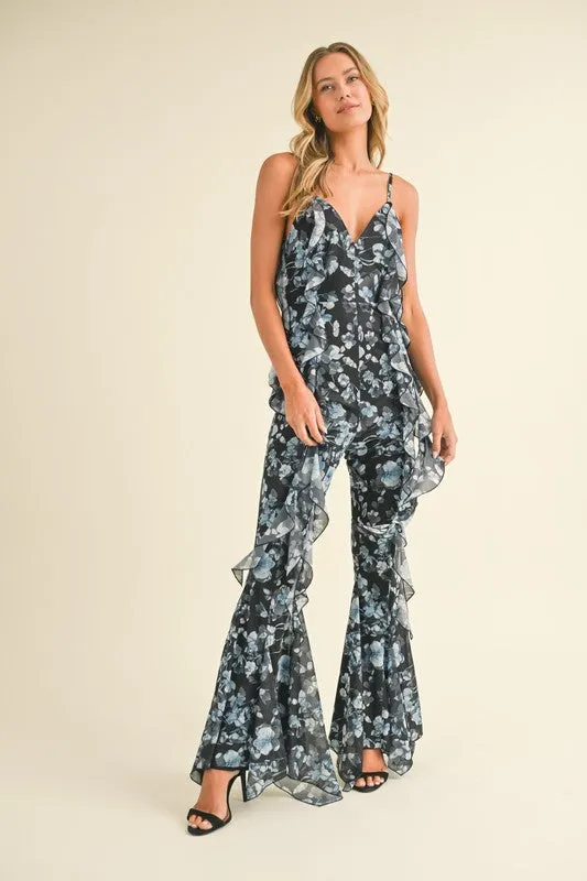 Black Multi Floral Printed Open Back Jumpsuit With Frills