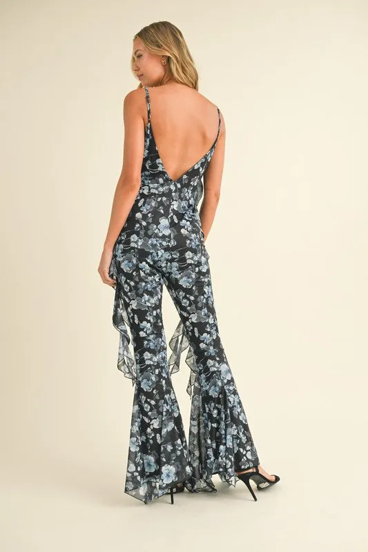 Black Multi Floral Printed Open Back Jumpsuit With Frills