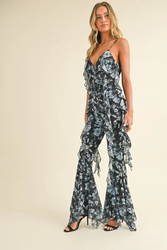 Black Multi Floral Printed Open Back Jumpsuit With Frills