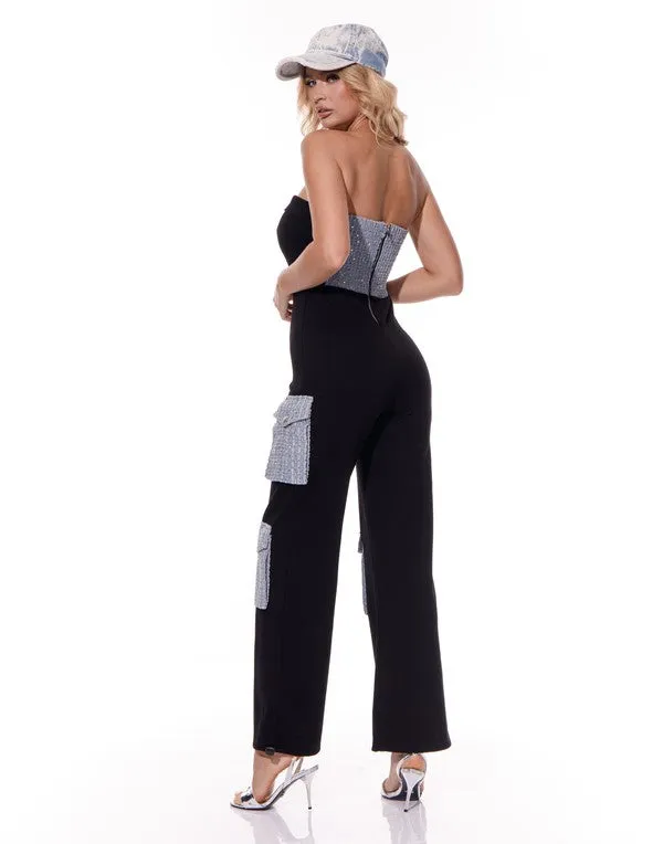 Black Solid Contrast Pocket Jumpsuit