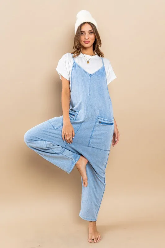 Blue Mineral Washed French Terry Harem Jumpsuit