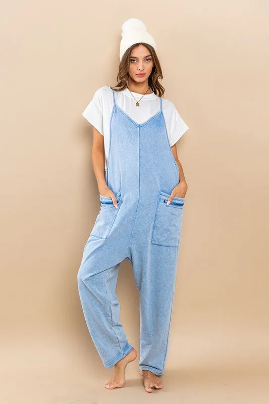 Blue Mineral Washed French Terry Harem Jumpsuit