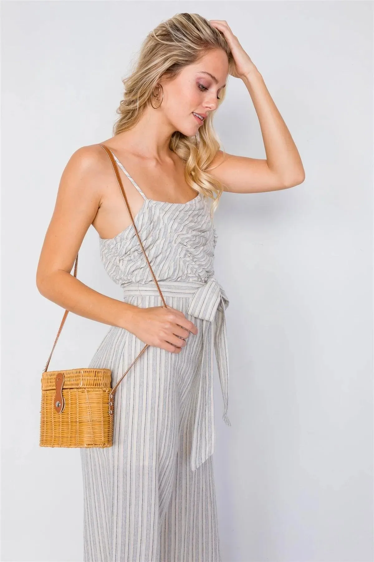 Blue Spaghetti Strap Striped Jumpsuit /4-2-1