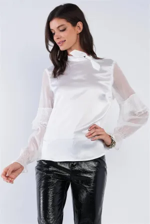 Bright White Satin Silk Bow Tie Collar Frill Sleeve Retro Classy Blouse Top /2-2