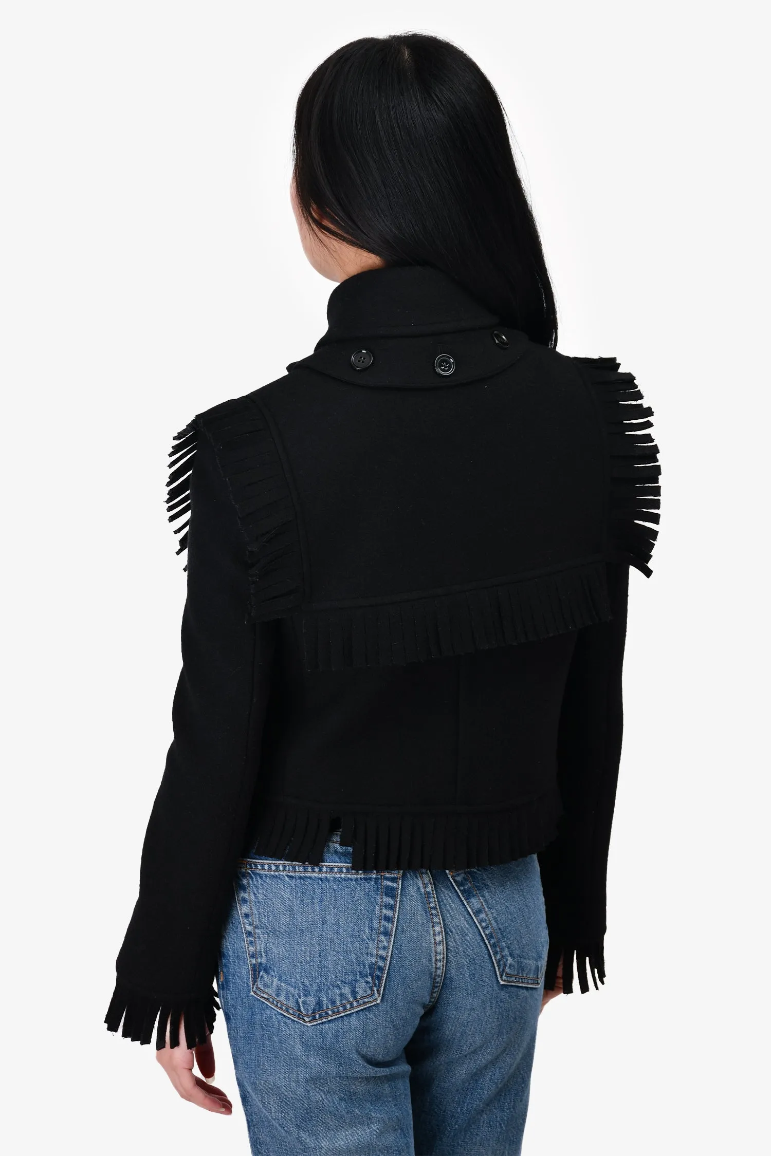 Burberry London Black Cashmere/Wool Fringe Cropped Trench Coat Size 0 US
