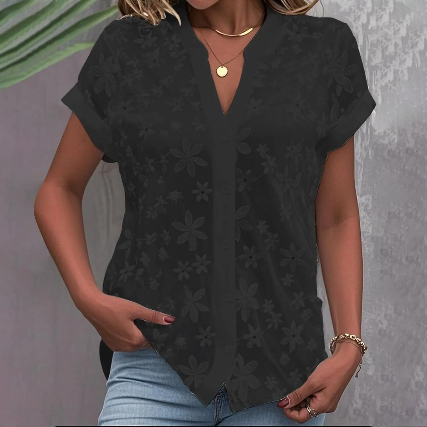 Business Dressy Blouses for Women Floral Embroidered Casual Work Tops Short Sleeve V Neck Button Down Shirts Tunics