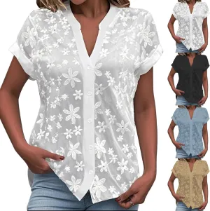 Business Dressy Blouses for Women Floral Embroidered Casual Work Tops Short Sleeve V Neck Button Down Shirts Tunics