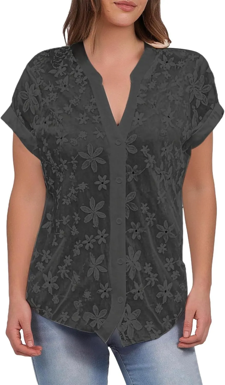 Business Dressy Blouses for Women Floral Embroidered Casual Work Tops Short Sleeve V Neck Button Down Shirts Tunics