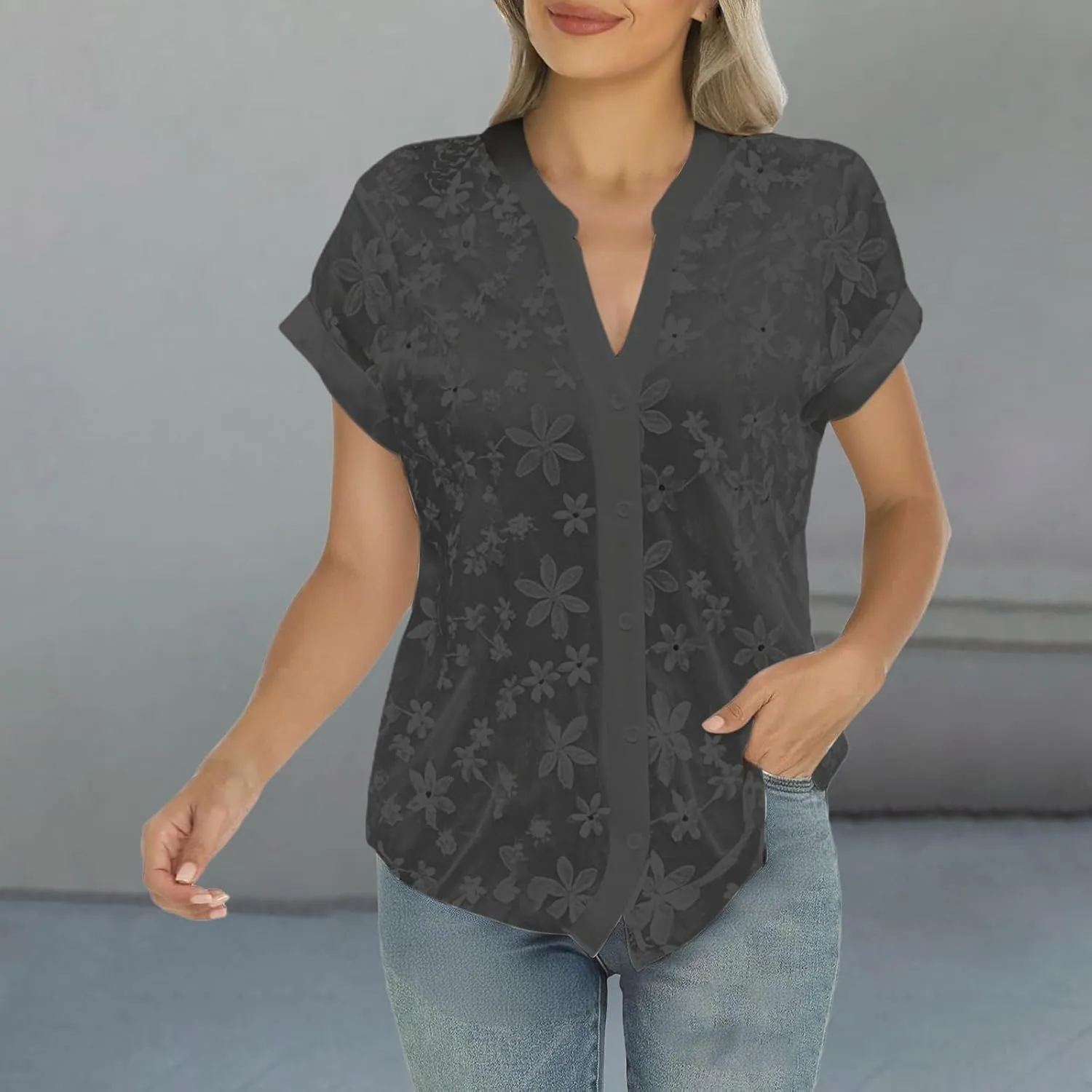 Business Dressy Blouses for Women Floral Embroidered Casual Work Tops Short Sleeve V Neck Button Down Shirts Tunics