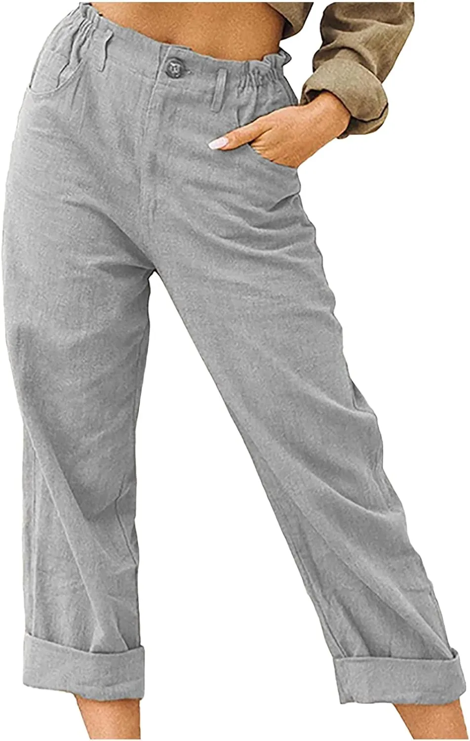 Capri Pants for Women Casual 2024 Summer Drawstring Elastic Waist Cotton Linen Pant Straight Leg Cropped Trousers