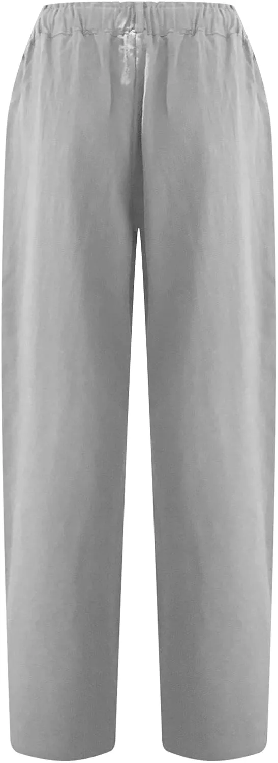 Capri Pants for Women Casual 2024 Summer Drawstring Elastic Waist Cotton Linen Pant Straight Leg Cropped Trousers