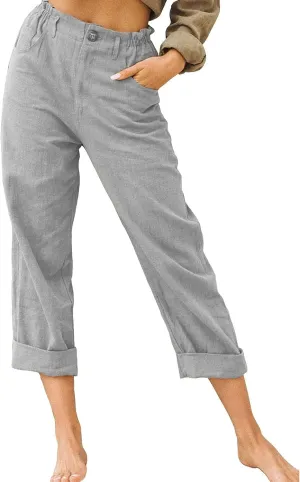 Capri Pants for Women Casual 2024 Summer Drawstring Elastic Waist Cotton Linen Pant Straight Leg Cropped Trousers