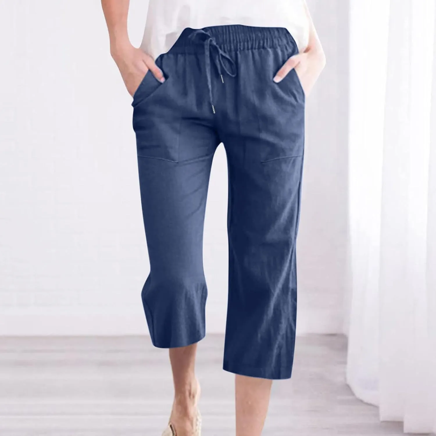 Capri Pants for Women Plus Size, Petite Linen Pants Wide Leg Summer Cotton Linen Capris Drawstring Cropped Trouser