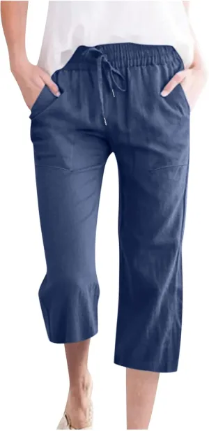 Capri Pants for Women Plus Size, Petite Linen Pants Wide Leg Summer Cotton Linen Capris Drawstring Cropped Trouser