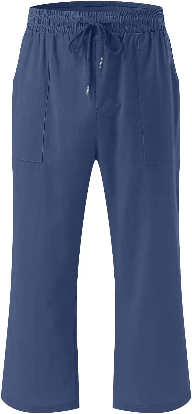 Capri Pants for Women Plus Size, Petite Linen Pants Wide Leg Summer Cotton Linen Capris Drawstring Cropped Trouser