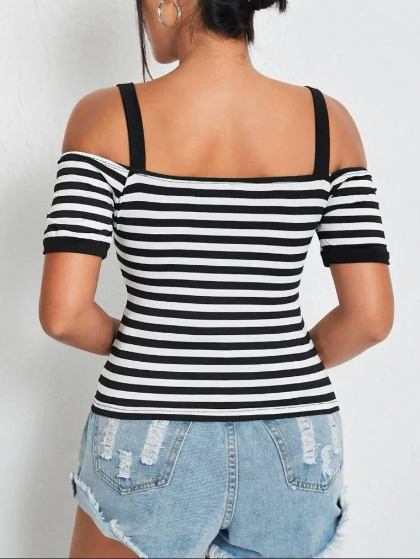 Cold Shoulder Striped Tee Top Short Sleeve Shirt Embellished Off Shoulder Blouse