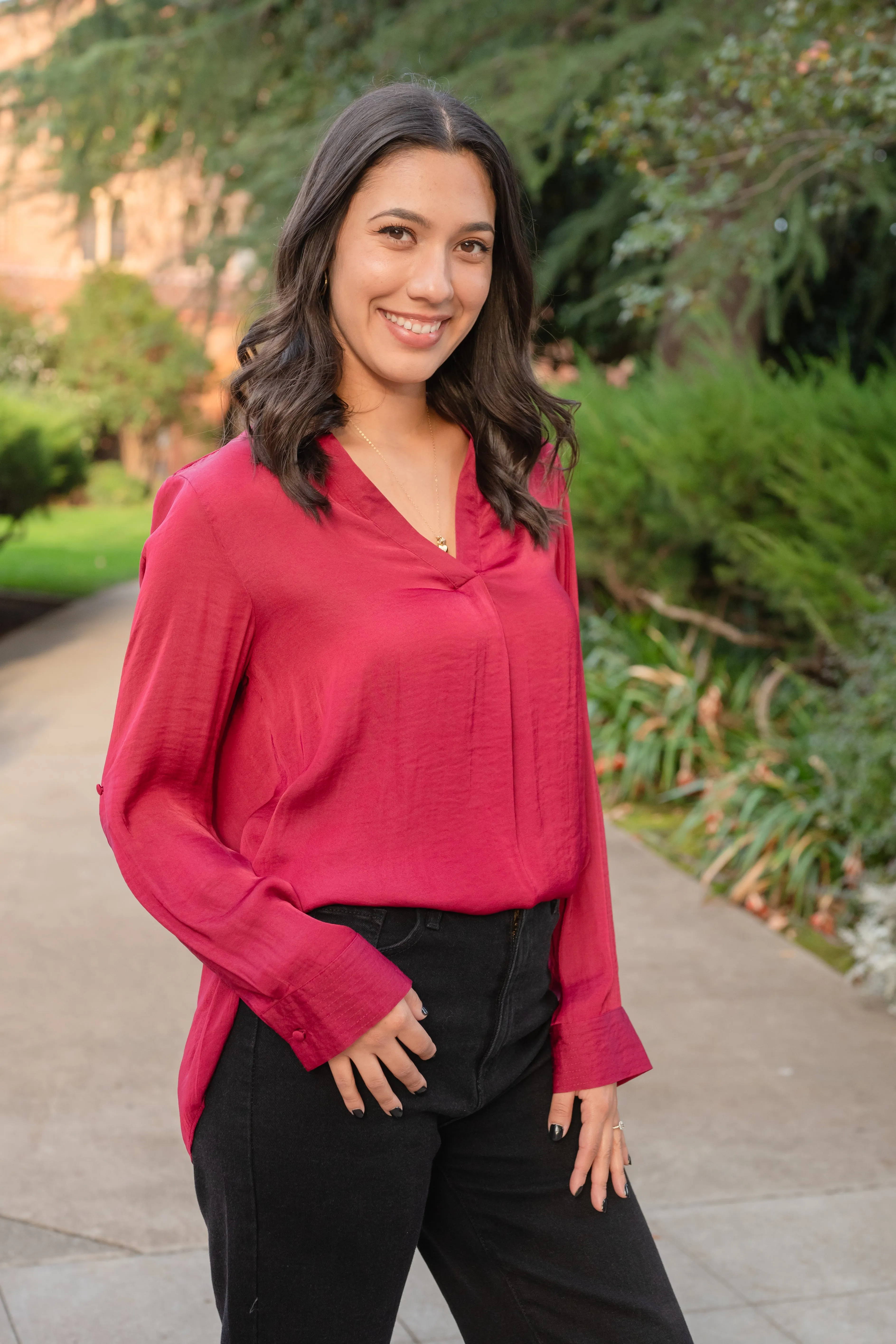 Collared Rolled Sleeve Satin Button Up