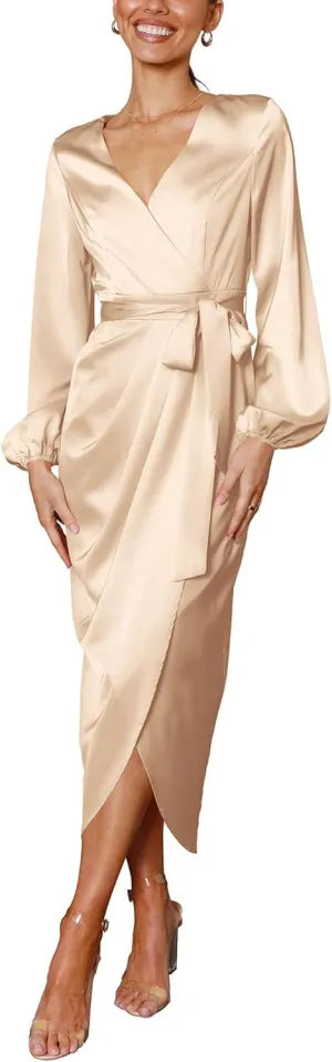 Cosonsen Women's Long Sleeve V-Neck Tie Waist Split Formal Cocktail Wedding Guest Dresses