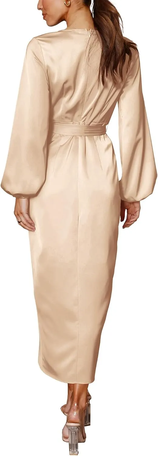 Cosonsen Women's Long Sleeve V-Neck Tie Waist Split Formal Cocktail Wedding Guest Dresses