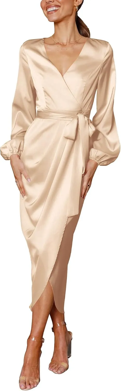 Cosonsen Women's Long Sleeve V-Neck Tie Waist Split Formal Cocktail Wedding Guest Dresses