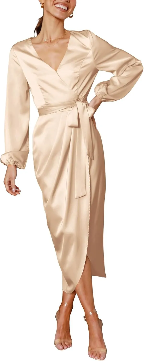 Cosonsen Women's Long Sleeve V-Neck Tie Waist Split Formal Cocktail Wedding Guest Dresses